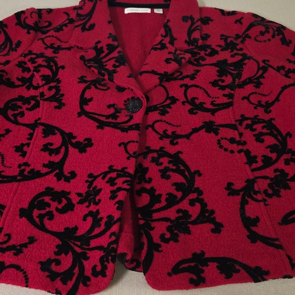 Coldwater Creek Red Jacket with Black Accents 100% Boiked Wool - Picture 2 of 6